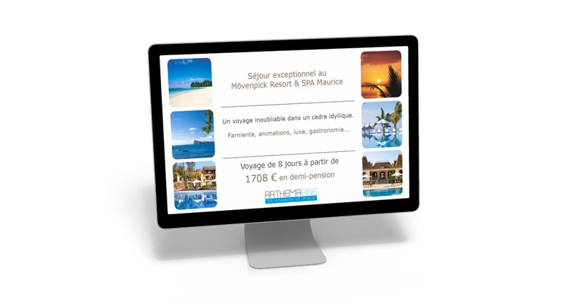 Etude et crÃ©ation d'une publicitÃ© pour Ã©cran LCD diffusÃ©e en agence de voyage. RÃ©alisation des versions 2007 et 2008 en franÃ§ais et en nÃ©erlandais Ã  destination de l'Ã®le Maurice.