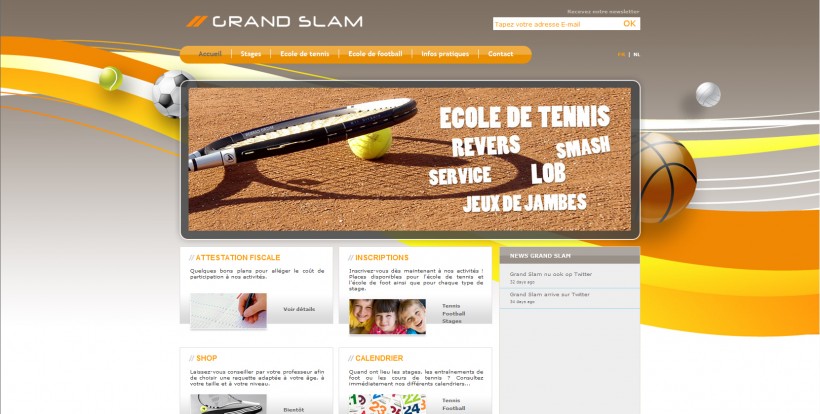 Page d'accueil du site web Grand Slam, prÃ©sentant des news Twitter et divers encarts et liens d'accÃ¨s rapide.