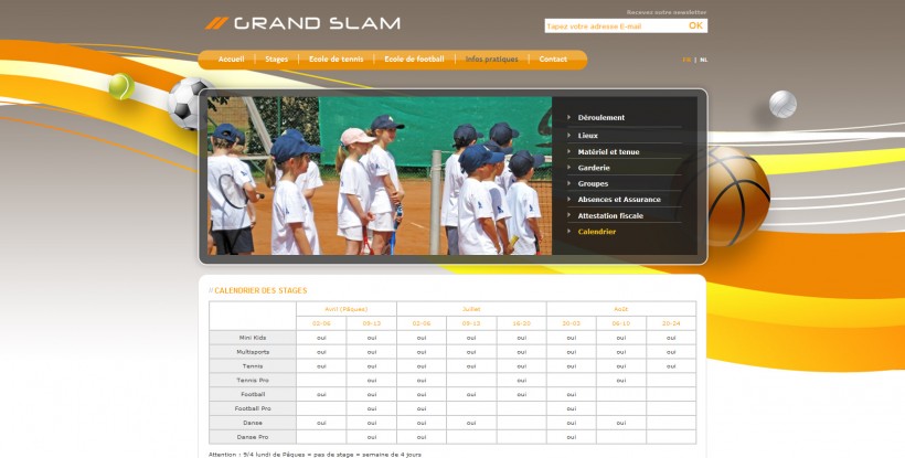 Page prÃ©sentant le calendrier des stages organisÃ©s par Grand Slam pour l'annÃ©e en cours.