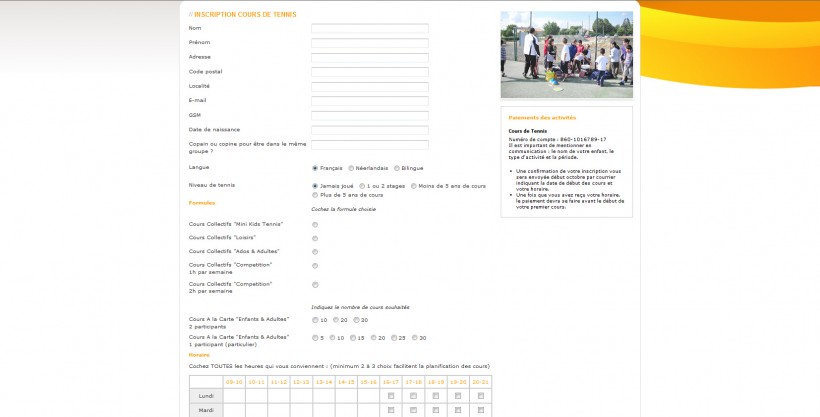Page d'inscription au cours de  tennis du site web Gand Slam. Formulaire d'inscription Ã  choix multiple avec envoi automatique d'un e-mail de confirmation de l'inscription.