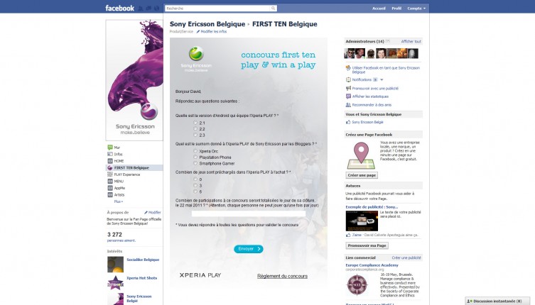 Page du questionnaire du Concours FIRST TEN de Sony Ericsson en franÃ§ais