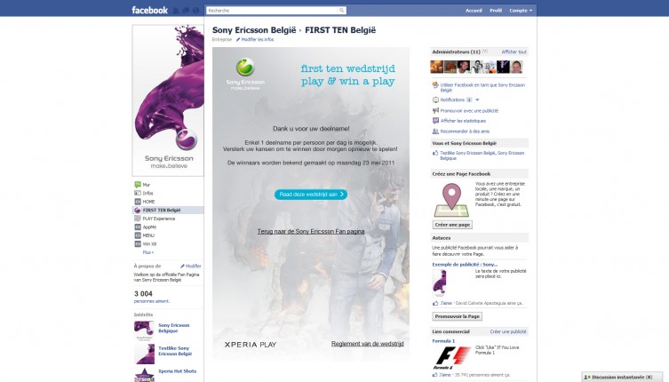 Page de remerciement du FIRST TEN Wedstrijd Sony Ericsson en nÃ©erlandais