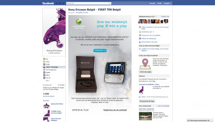 Page d'entrÃ© du FIRST TEN Wedstrijd de Sony Ericsson en nÃ©erlandais pour les personnes qui aiment dÃ©jÃ  la fanpage Sony Ericsson BelgiÃ«